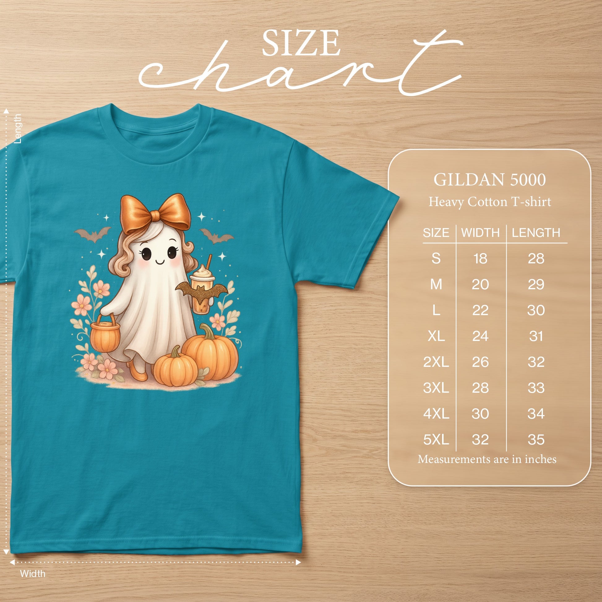 Teal t-shirt featuring a cute ghost with pumpkins and bats, with Gildan 5000 size chart.