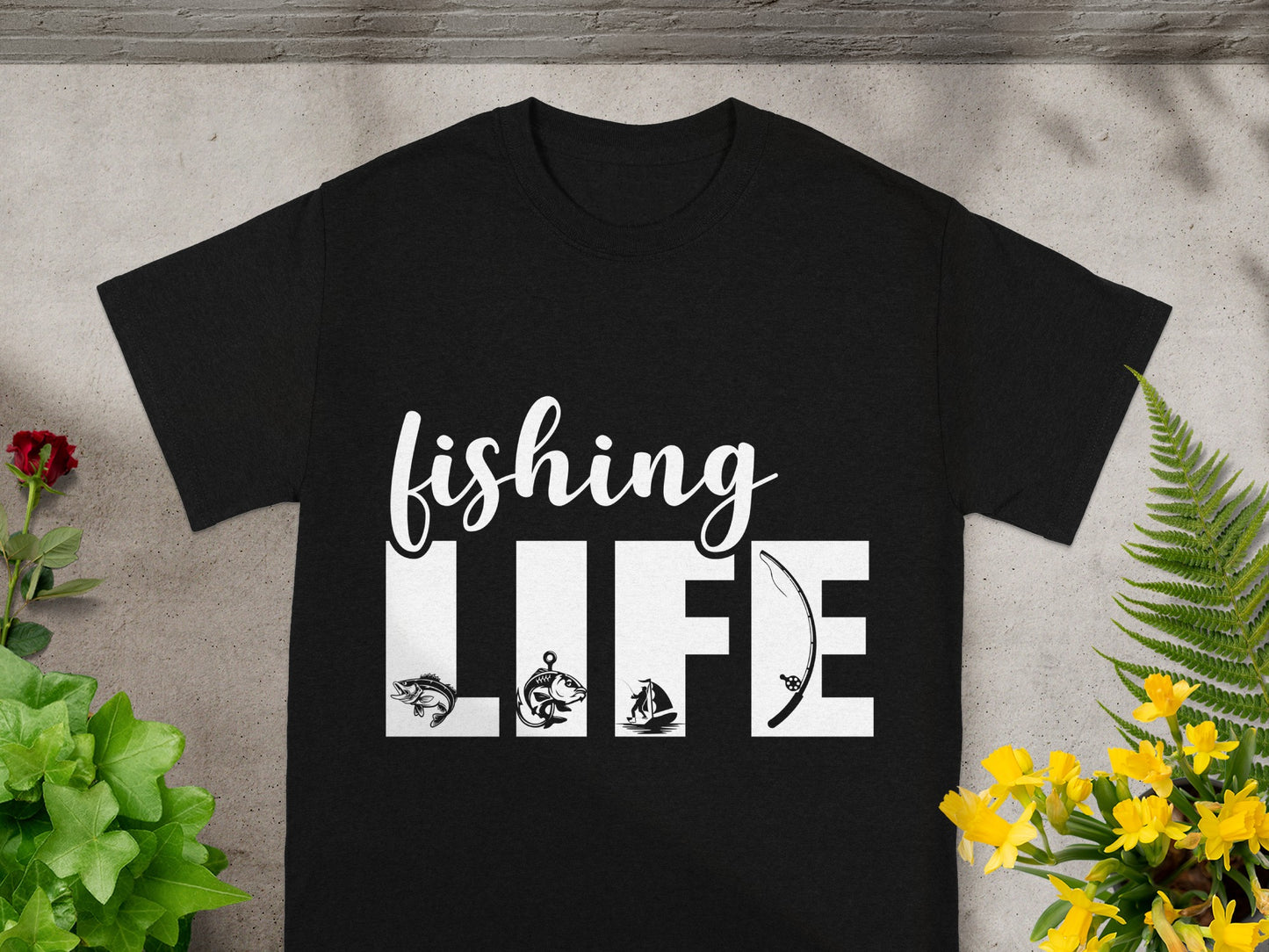 Black t-shirt with "fishing LIFE" and fishing-themed graphics.