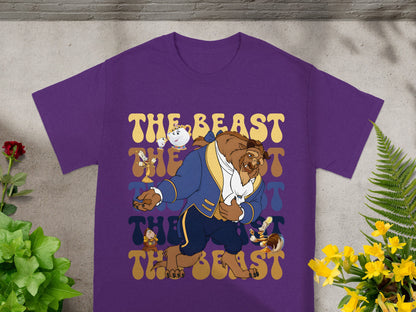 Purple t-shirt with "The Beast" text and cartoon characters of Beast, Mrs. Potts, and Chip.