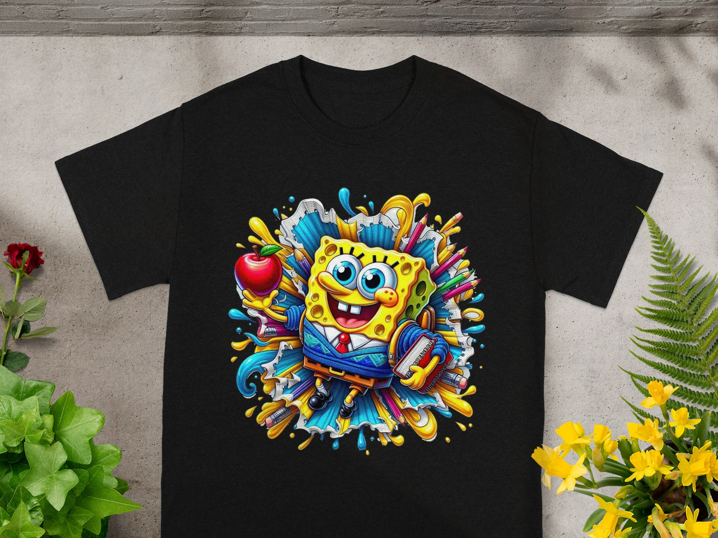 SpongeBob SquarePants in colorful art style holding an apple and books.