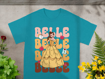 Belle in yellow dress with roses, "Belle" text design on turquoise t-shirt.