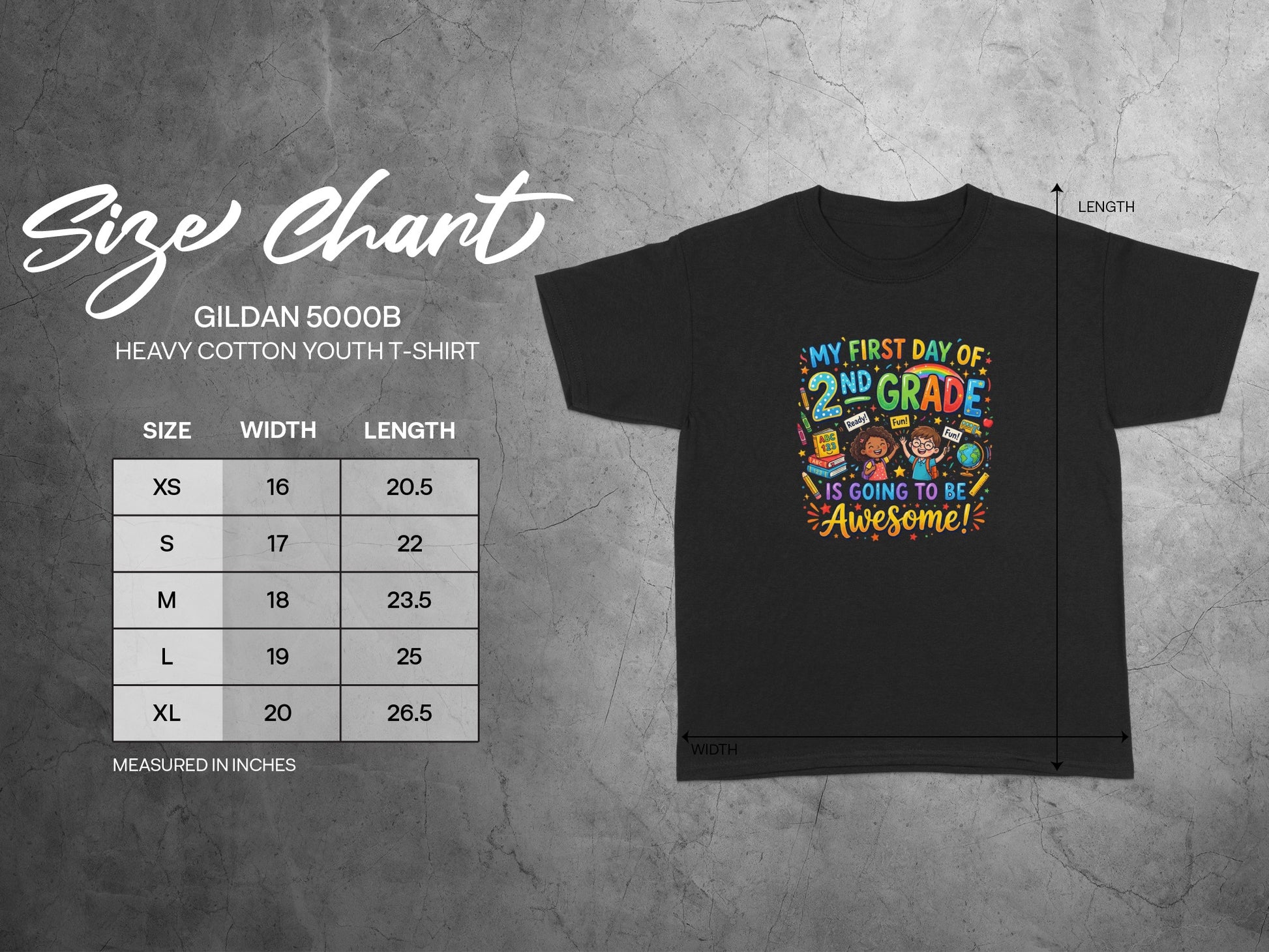Gildan 5000B youth t-shirt size chart with dimensions for width and length.