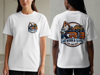 White t-shirt with "KRB DIRT WORK & SEPTIC 918-268-3959" logo and construction vehicles.