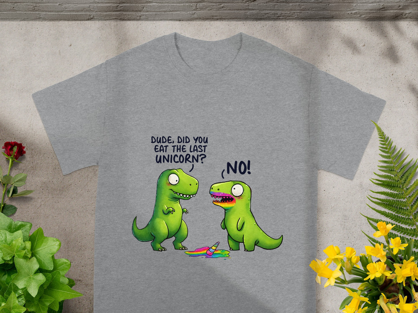 Two green dinosaurs talk with text "Dude, did you eat the last unicorn?" and "NO!"