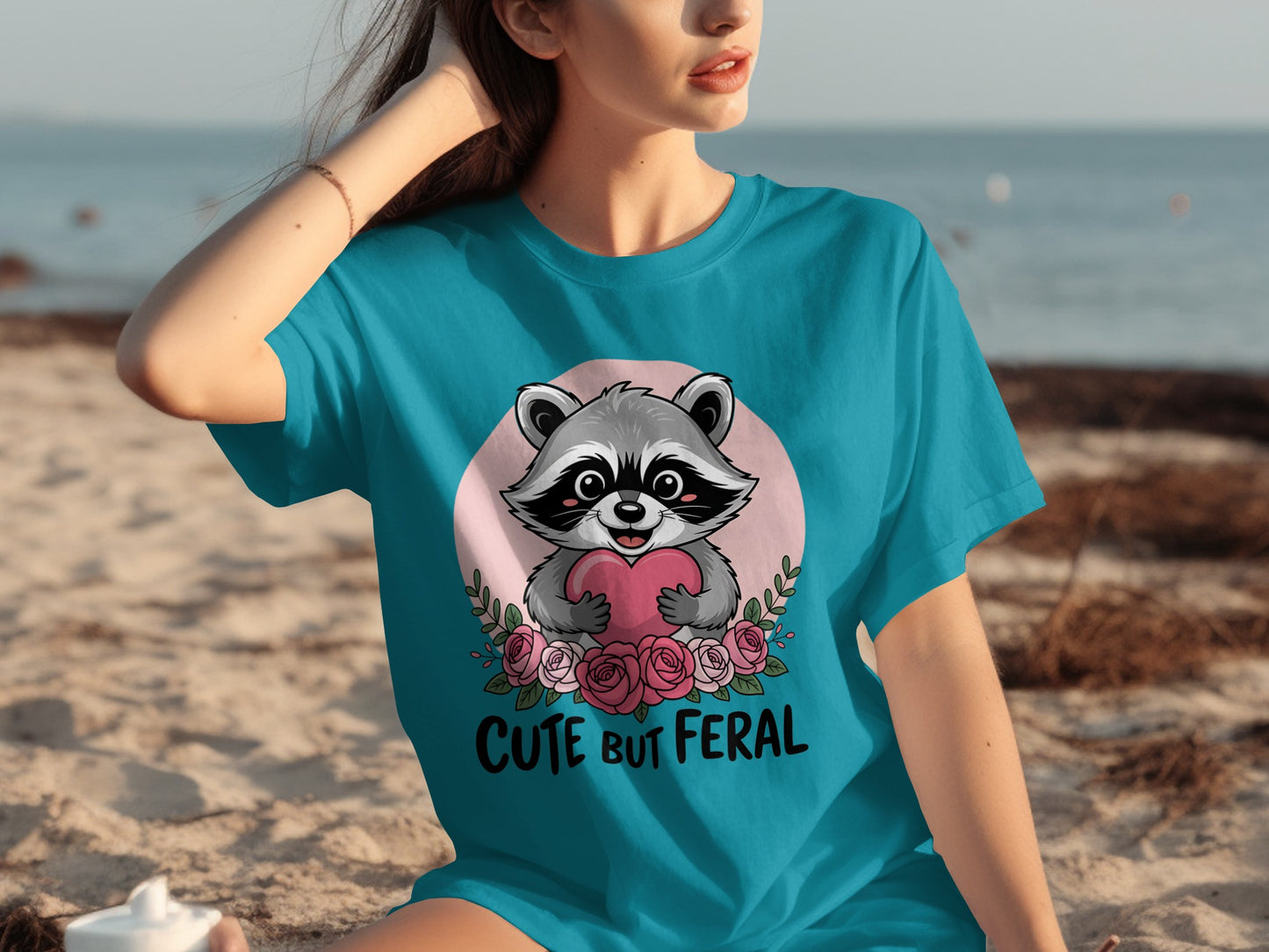 Cute But Feral Raccoon Holding Heart Graphic T-Shirt
