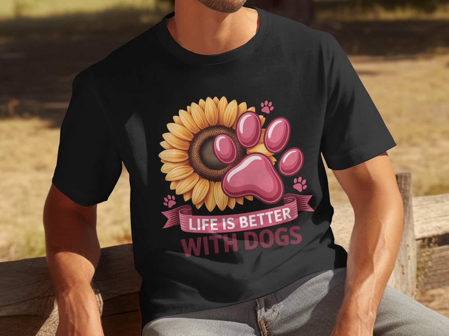 Life is Better with Dogs Sunflower Paw Print T-Shirt