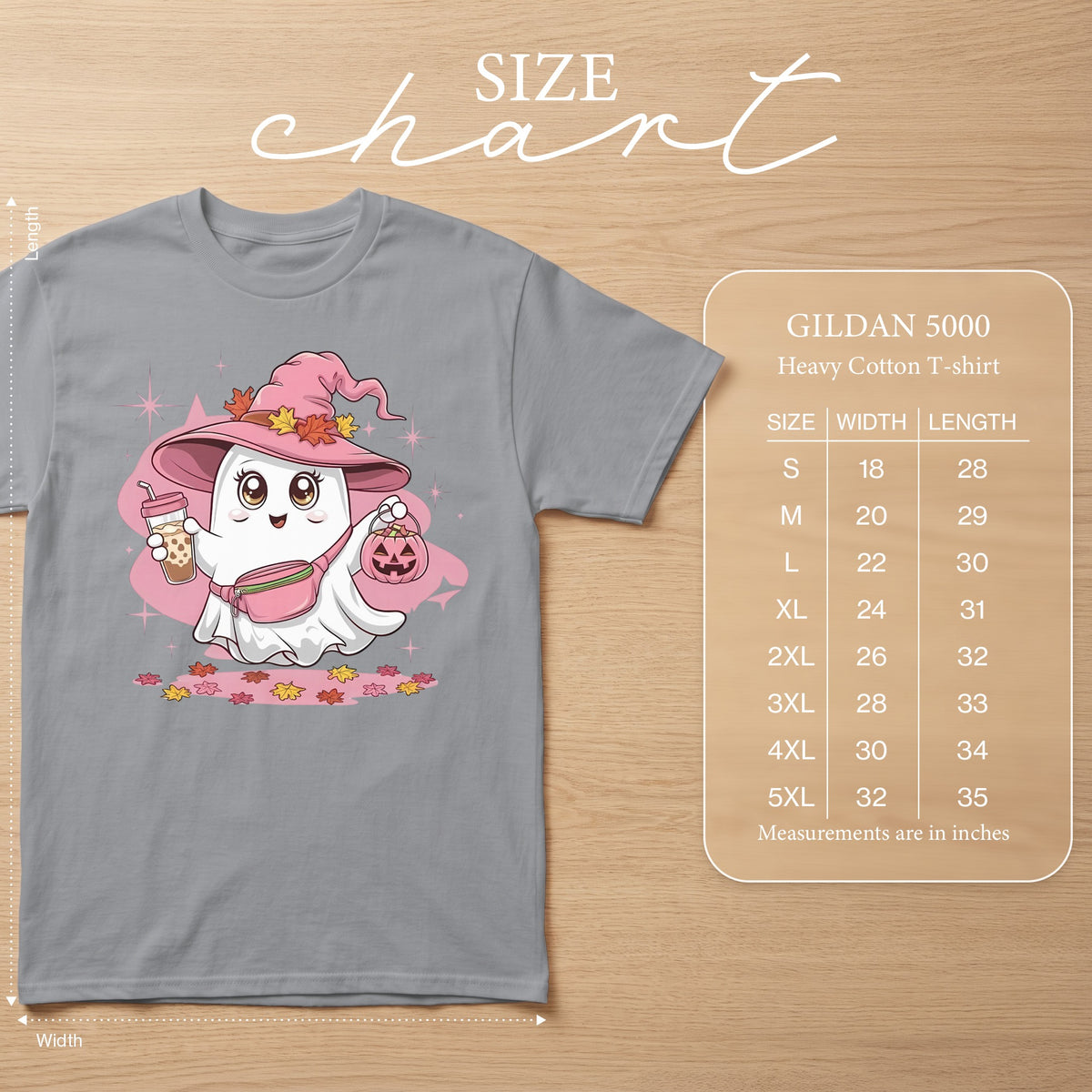 Gildan 5000 size chart showing width and length measurements for sizes S through 5XL.