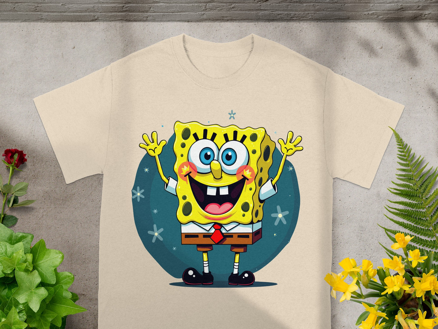 SpongeBob SquarePants character graphic on a cream t-shirt.