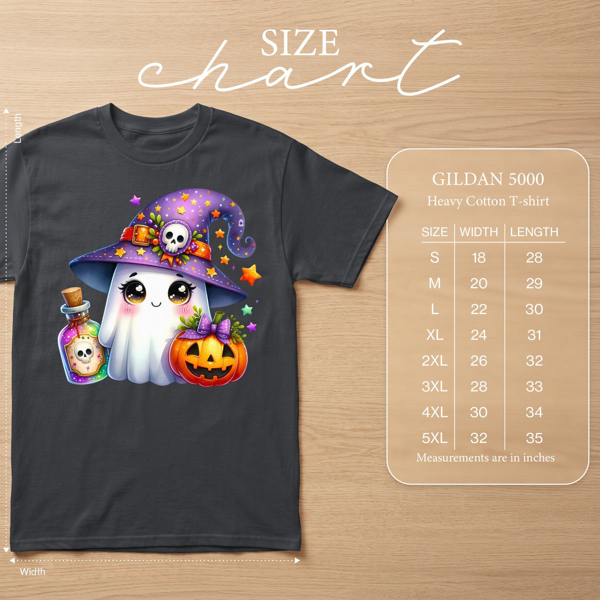 Dark grey t-shirt with a cute ghost graphic and Gildan 5000 size chart.
