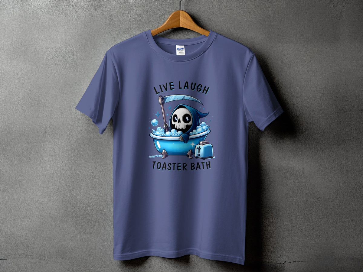 T-shirt with grim reaper in bathtub graphic and text "Live Laugh Toaster Bath".