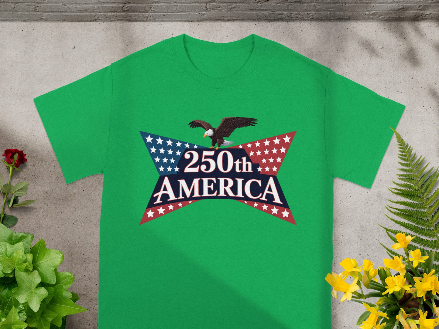 Green t-shirt with "250th America" text and eagle graphic.