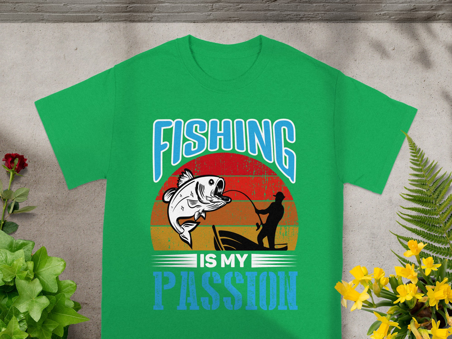 Green t-shirt with "FISHING IS MY PASSION" text, fish, and fisherman graphic.