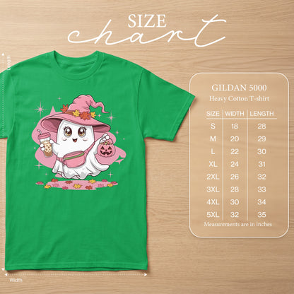 Green t-shirt featuring a cartoon ghost wearing a witch hat and holding a boba tea and pumpkin. Size chart included.