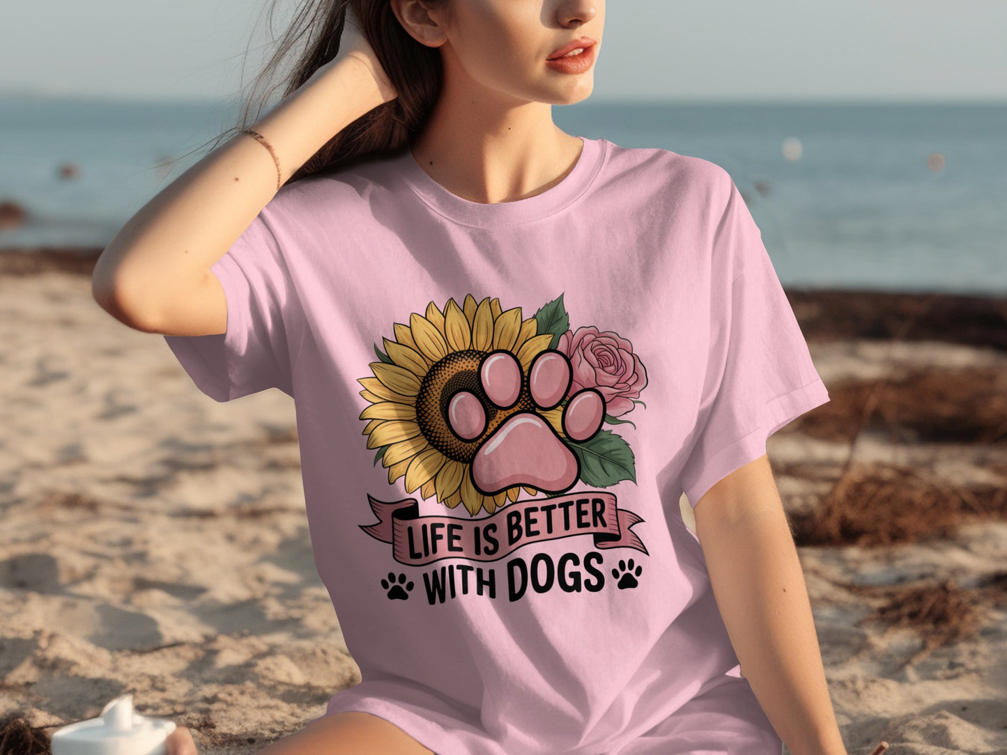 Life Is Better With Dogs Sunflower Paw Print T-Shirt