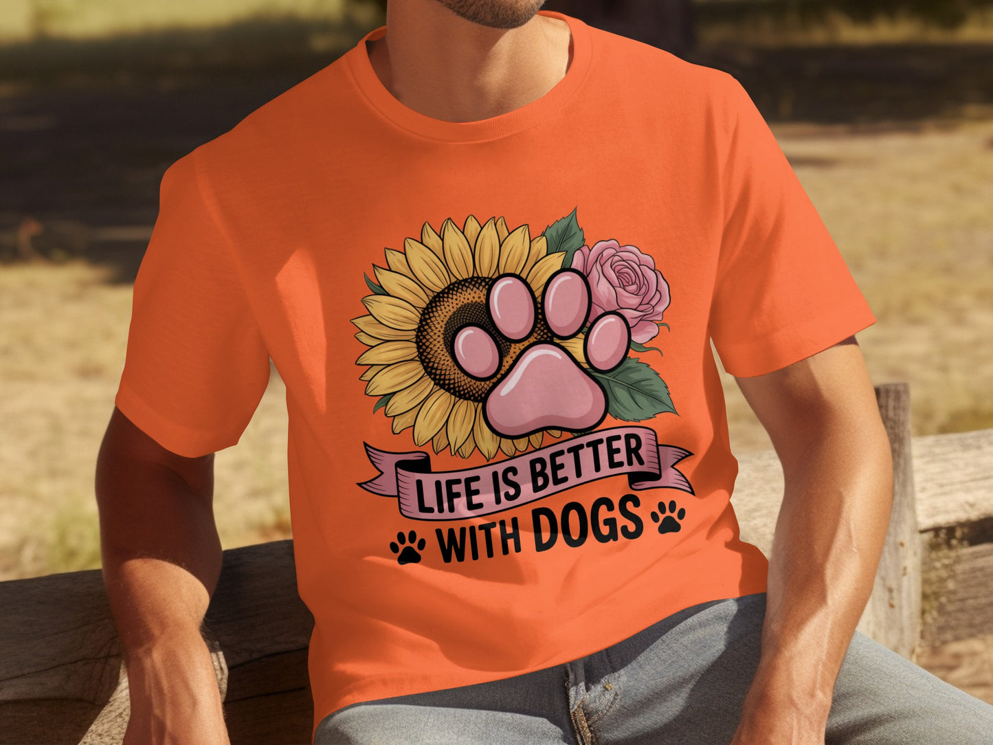 Life Is Better With Dogs Sunflower Pink Paw T-shirt