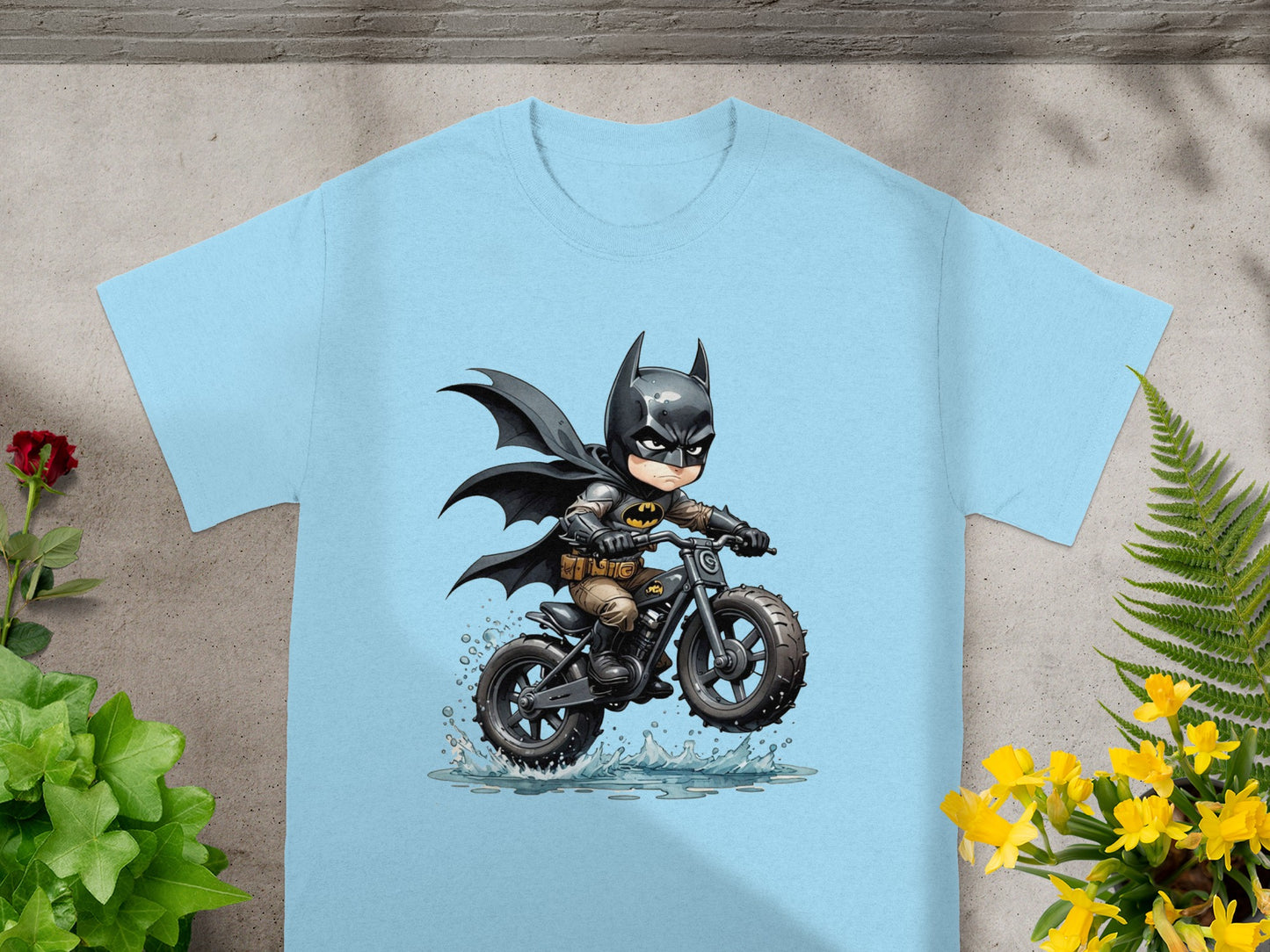 Cartoon Batman riding a motorcycle with water splashing.