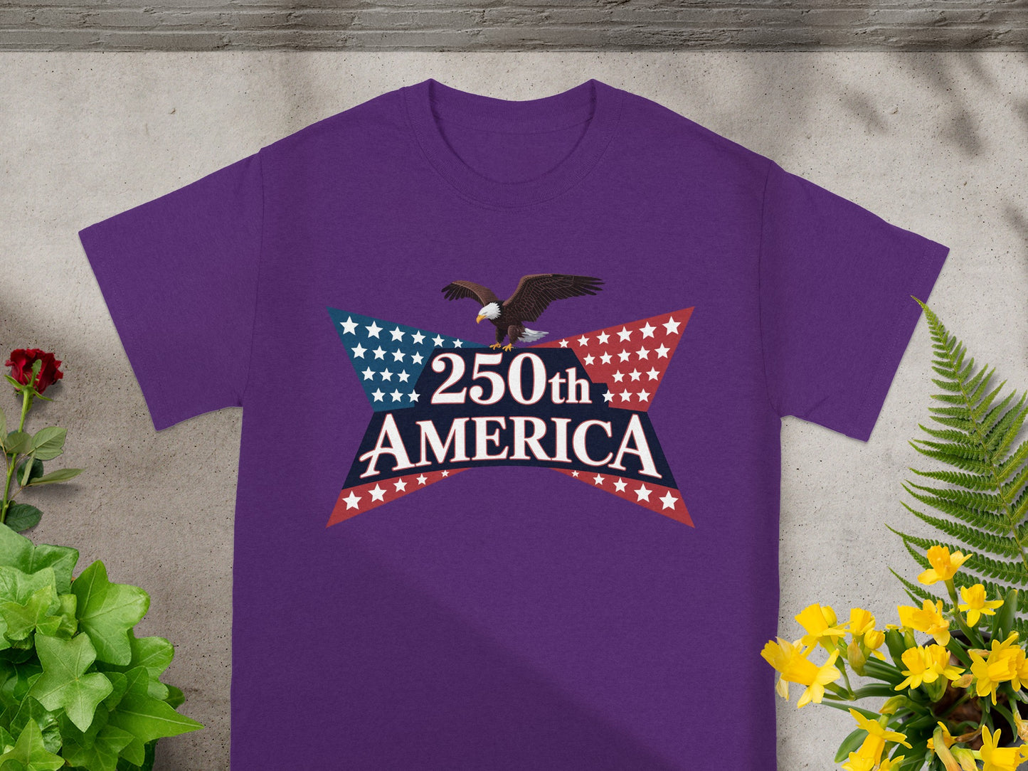 Purple t-shirt with 250th America eagle and star design.