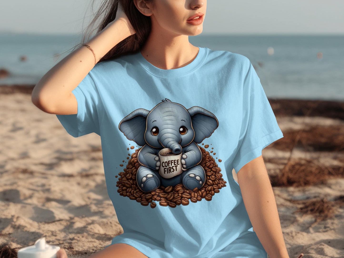 Adorable Elephant Drinking Coffee T-Shirt for Cafelovers