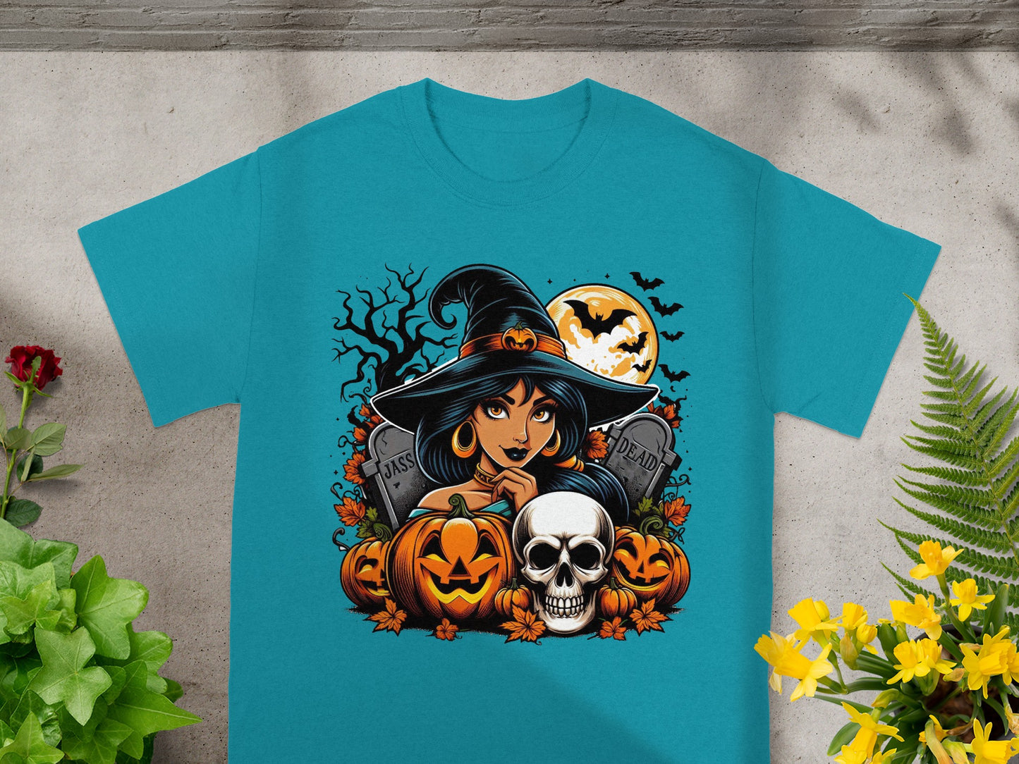 Halloween graphic of a witch with pumpkins, a skull, and gravestones under a full moon.