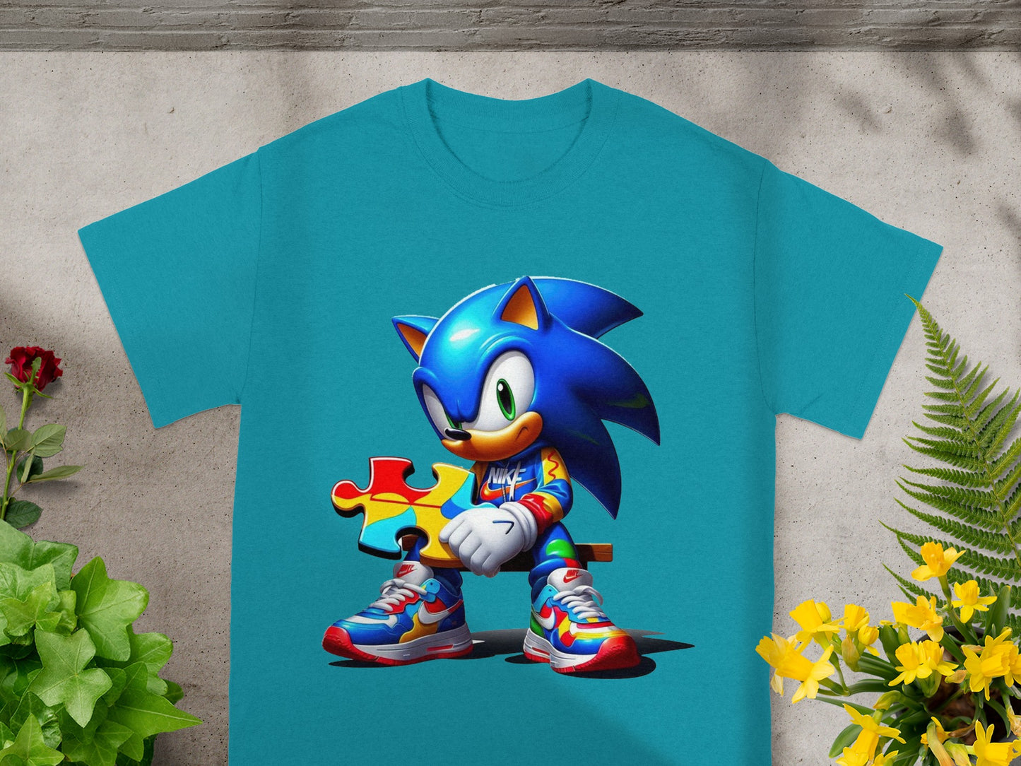Blue Sonic the Hedgehog character holding a puzzle piece on a teal t-shirt.