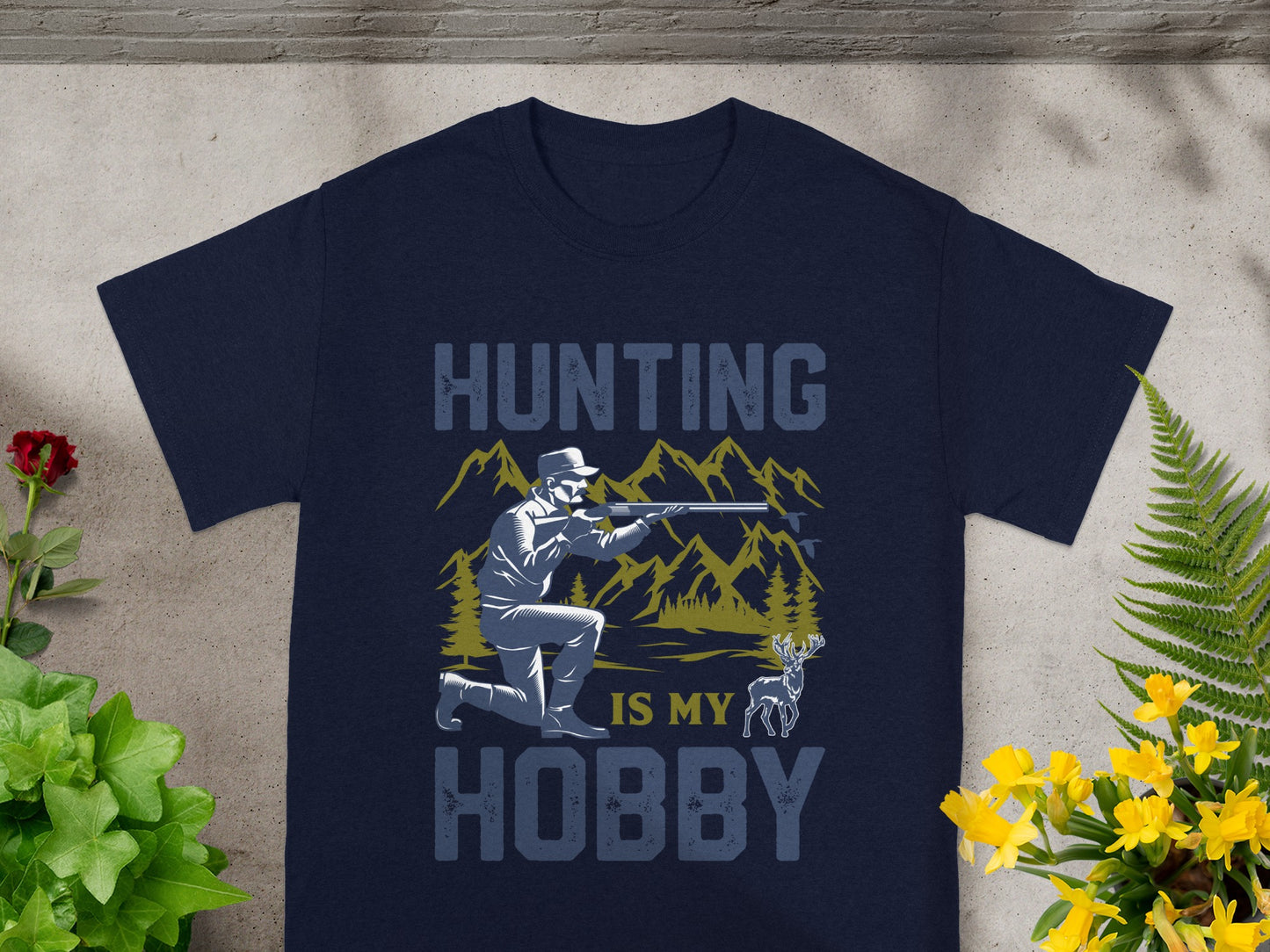Dark navy t-shirt with "HUNTING IS MY HOBBY" text and hunting graphic.