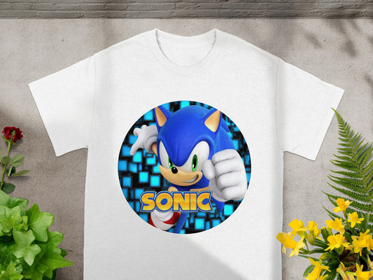 White t-shirt with Sonic the Hedgehog graphic in a blue, pixelated circle.