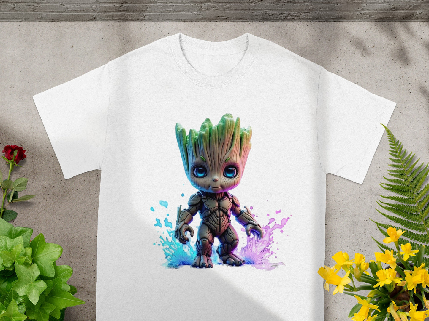 White t-shirt with Groot from Guardians of the Galaxy graphic.