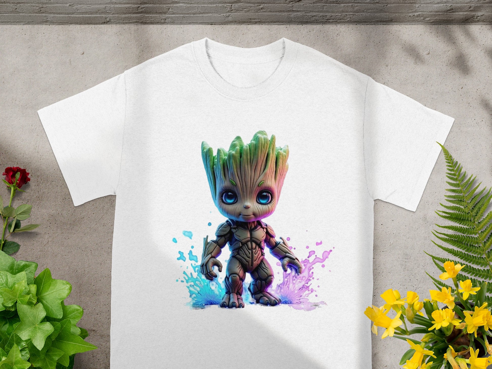 White t-shirt with Groot from Guardians of the Galaxy graphic.