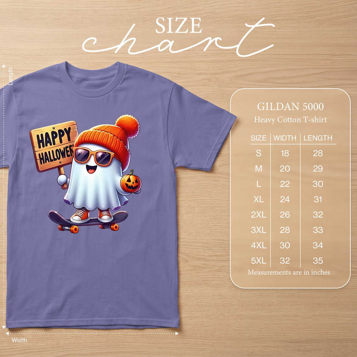 Gildan 5000 size chart with a cartoon ghost on a skateboard.