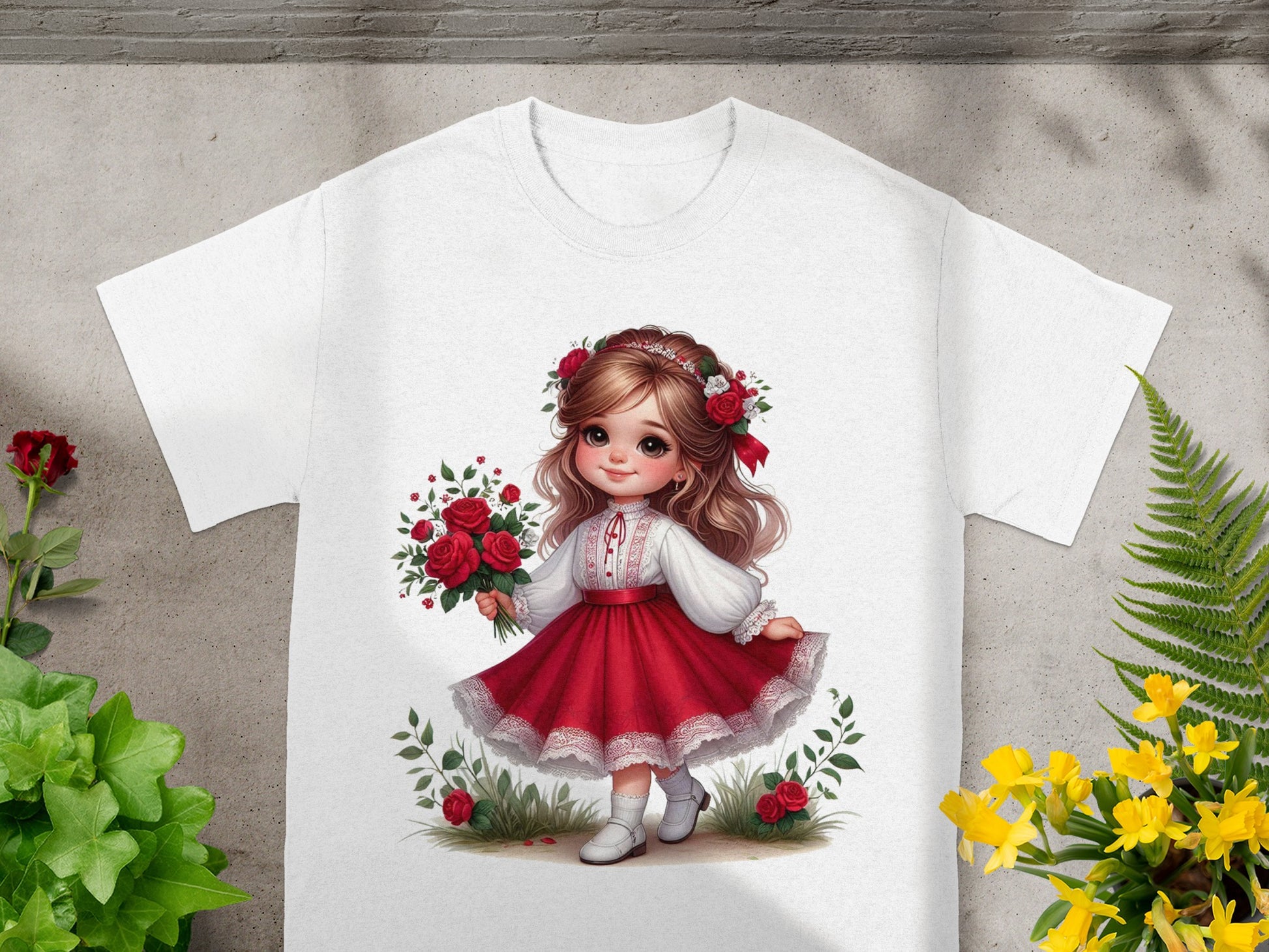 T-shirt featuring illustration of a girl in red dress holding roses.