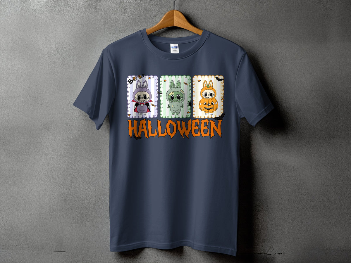 Dark gray t-shirt with three Halloween-themed cartoon bunnies and "HALLOWEEN" text.