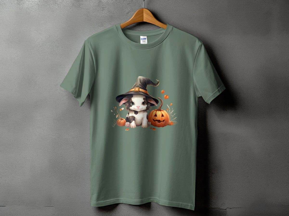 Green t-shirt with a cartoon bunny wearing a witch hat and pumpkins.
