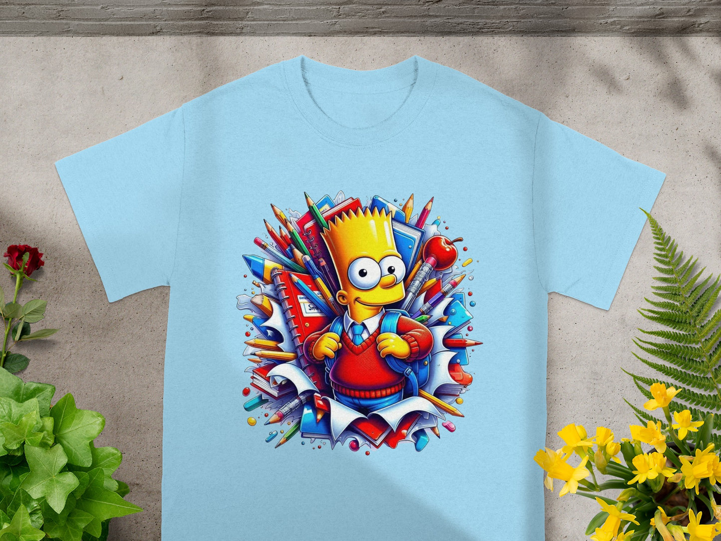 Bart Simpson wearing a red sweater, surrounded by school supplies.