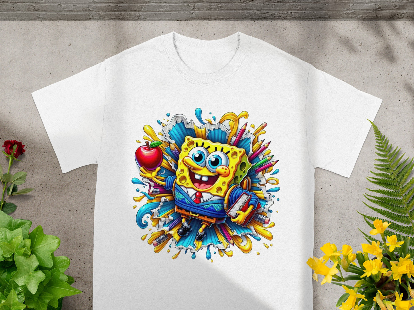 SpongeBob SquarePants in school uniform holding an apple and a book.