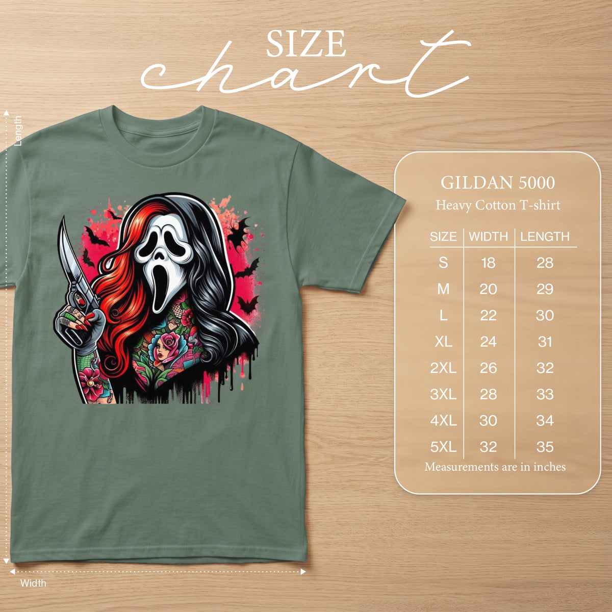 Gildan 5000 heavy cotton t-shirt with ghost face graphic, size chart.