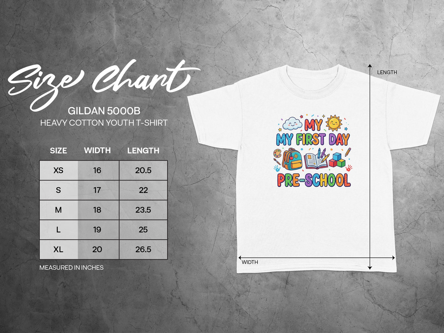 Gildan 5000B youth t-shirt size chart with width and length measurements.