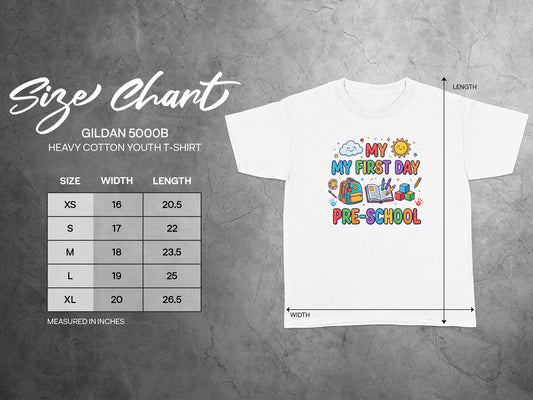 Gildan 5000B youth t-shirt size chart with width and length measurements.