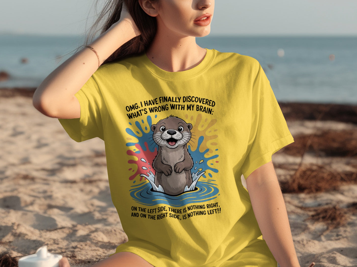 Funny Otter Brain Quote Yellow T-Shirt for Beach Days