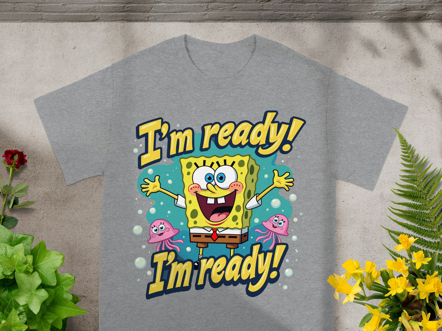 SpongeBob SquarePants with two jellyfish saying "I'm ready!".