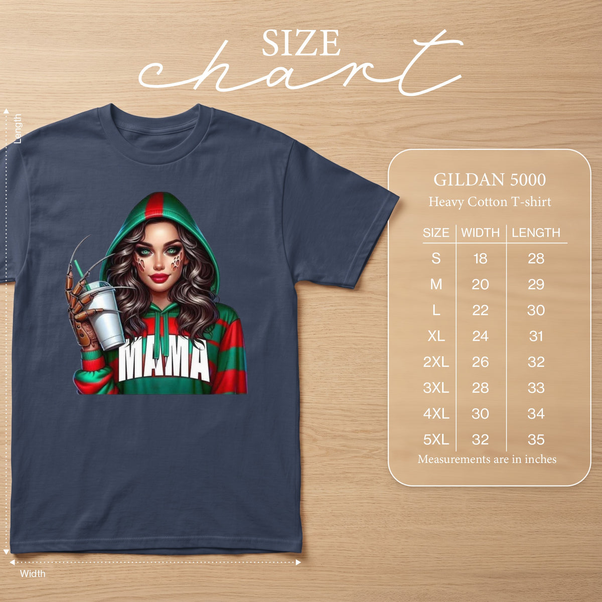 Navy t-shirt with a graphic of a woman in a striped hoodie holding a drink, alongside a Gildan 5000 size chart.