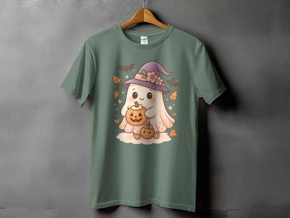 Green t-shirt with a cute ghost holding pumpkins and wearing a witch hat.