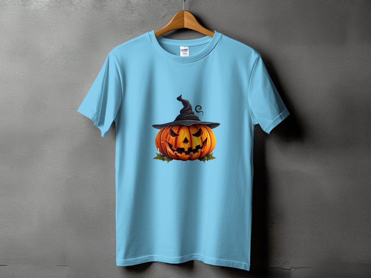 Light blue t-shirt with a Halloween pumpkin wearing a witch hat graphic.