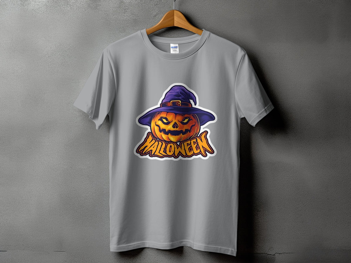 Grey t-shirt with a Halloween pumpkin wearing a purple hat graphic.