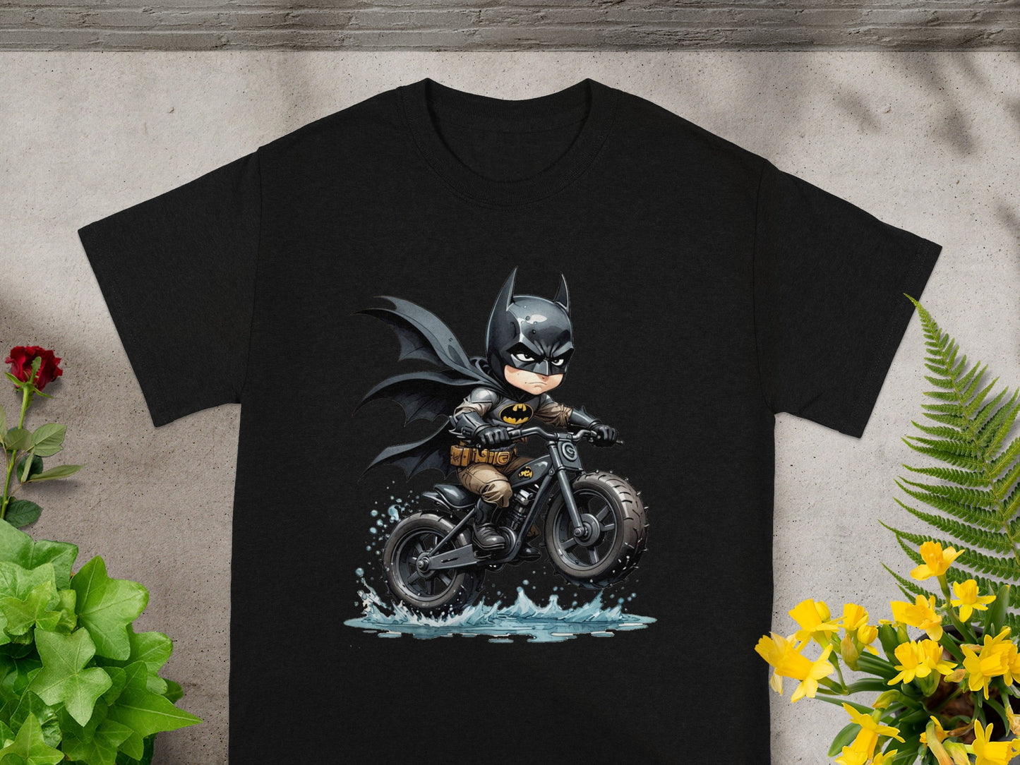 Chibi Batman riding a motorcycle splashing water.