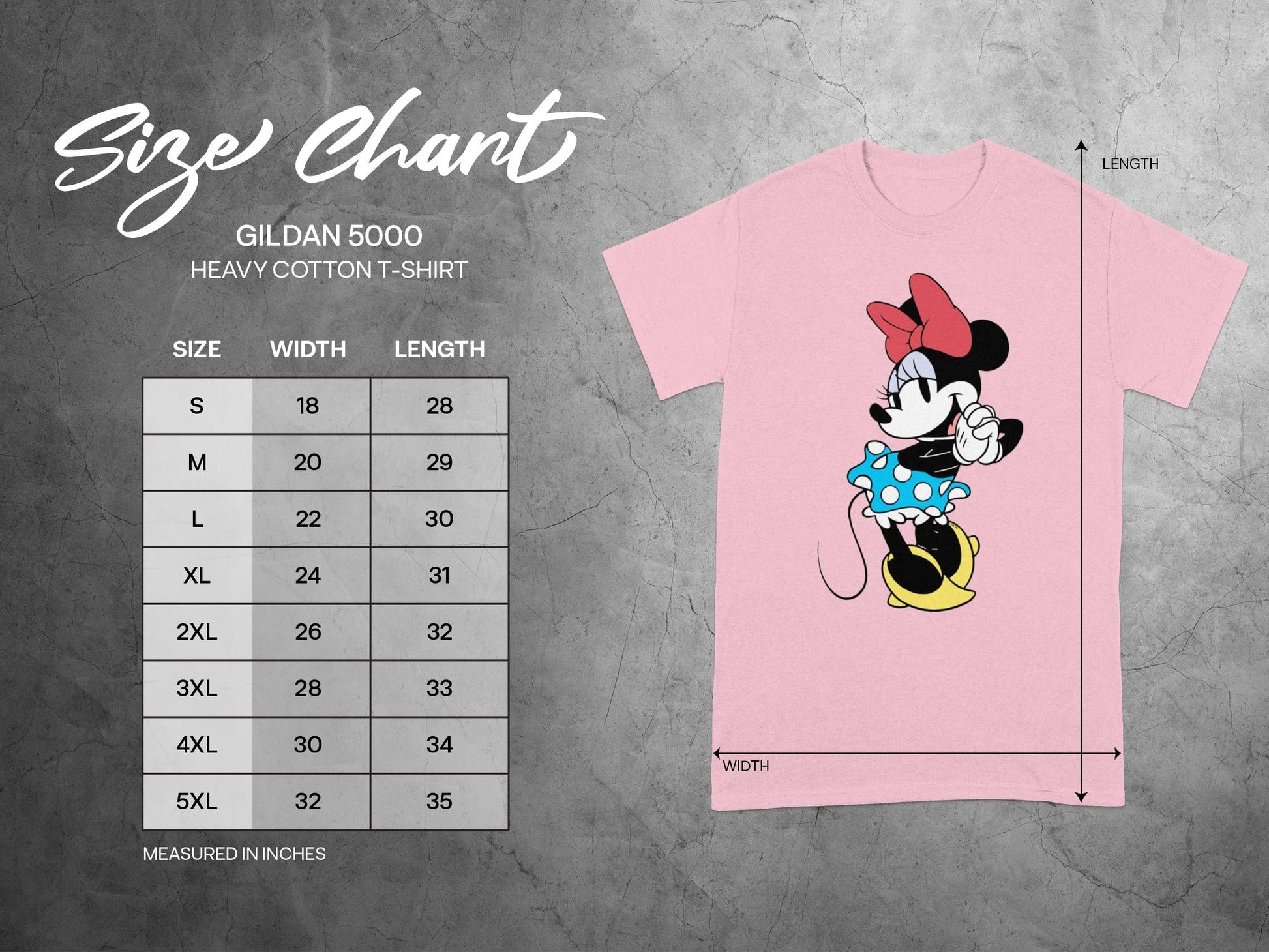 GILDAN 5000 Minnie Mouse Size Chart Measured in Inches T-Shirt product type
