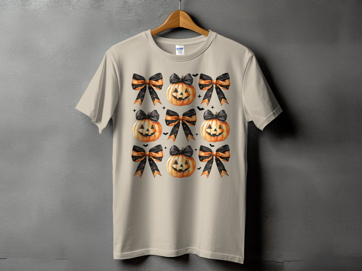 T-shirt with a repeating pattern of jack-o'-lanterns and Halloween bows.