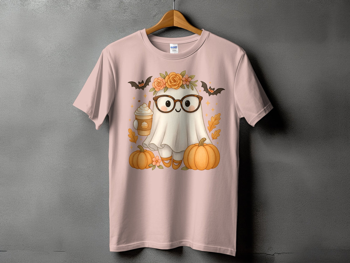 Ghost with glasses, flowers, bats, and pumpkins on a pink t-shirt.