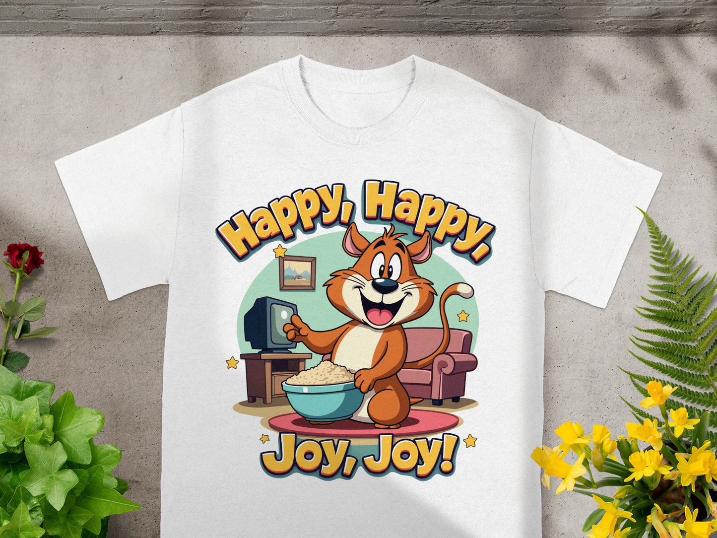 Cartoon cat with popcorn watching TV, text "Happy, Happy" and "Joy, Joy".