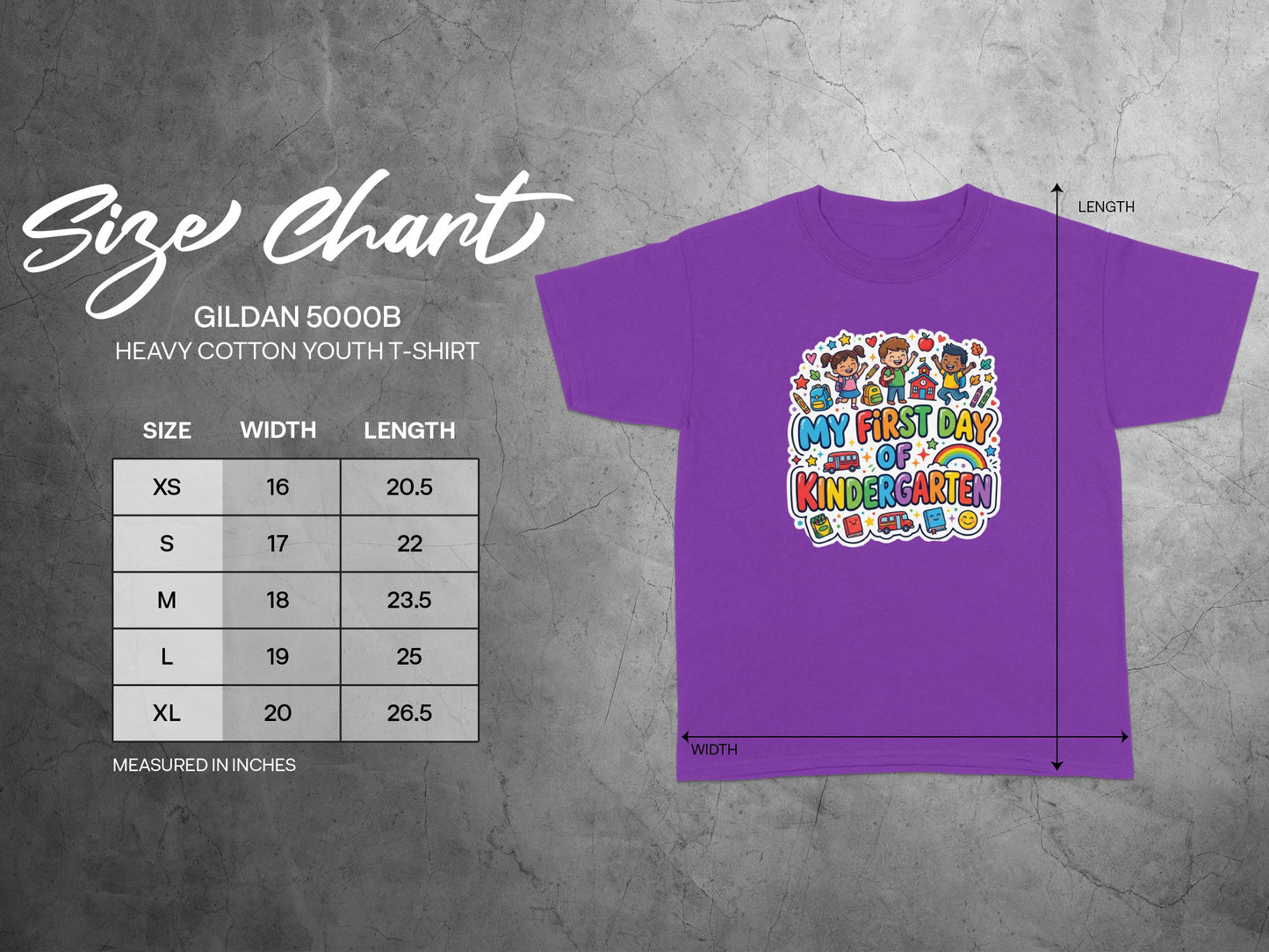 Gildan 5000B youth t-shirt size chart with width and length measurements.