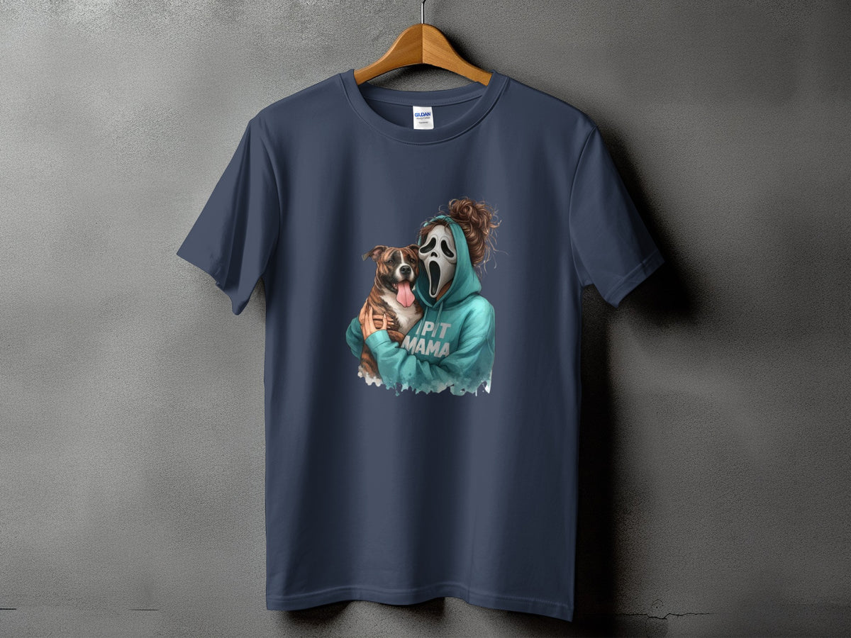 Graphic tee with a person in a ghost mask holding a dog, text reads "PIT MAMA".